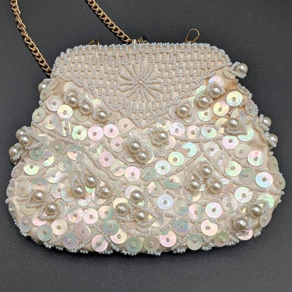 Vtg Beaded Sequined Evening bag Off White Satin Chain Strap Handmade Hong Kong